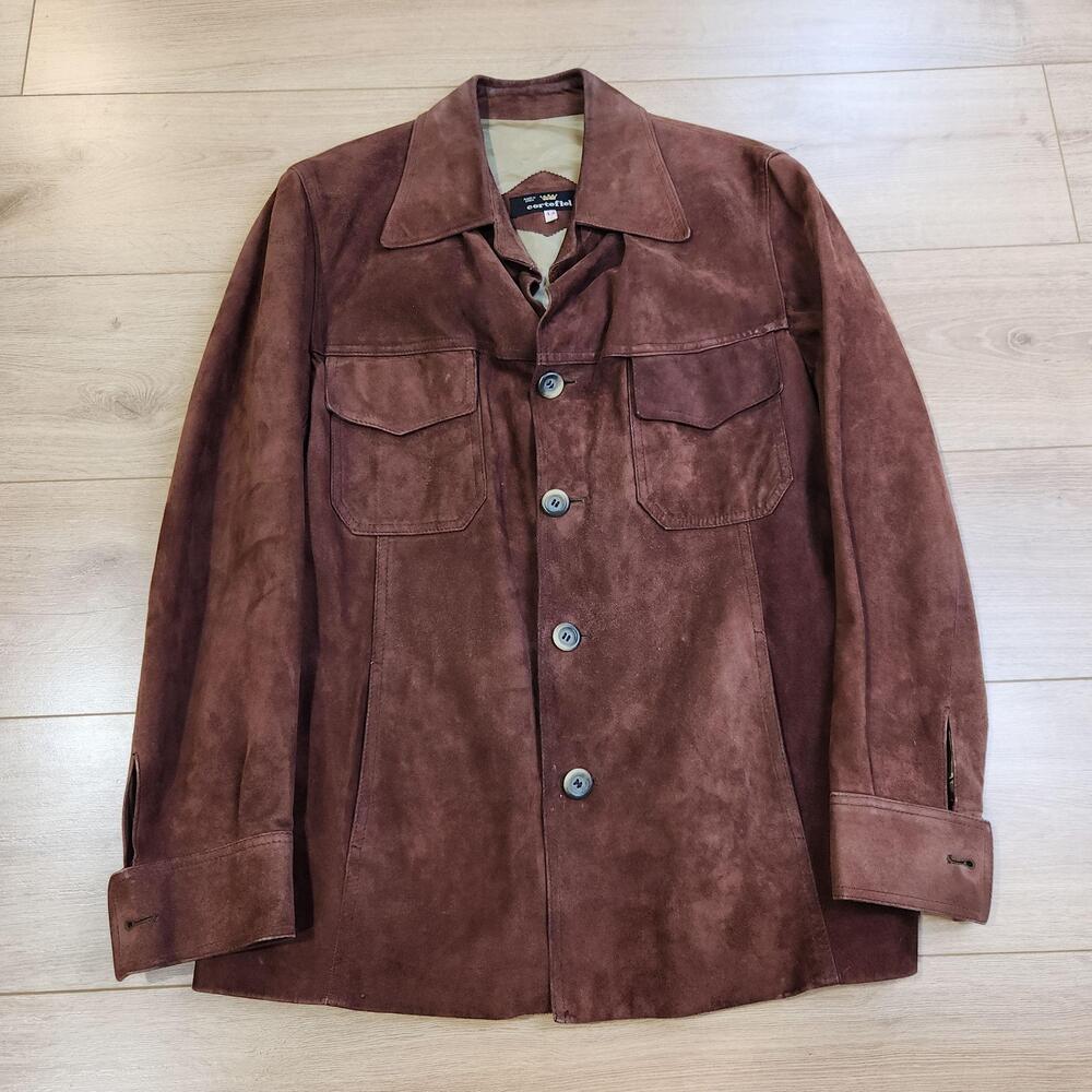 Vintage Cortefiel Coat Mens 44 Brown Suede Overcoat Button Front Lined Spain
